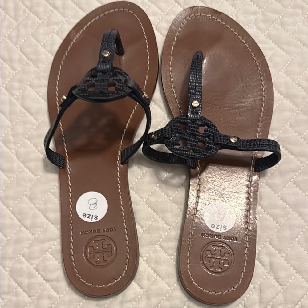 Tory Burch Black and Brown Sandals with Signature Medallion